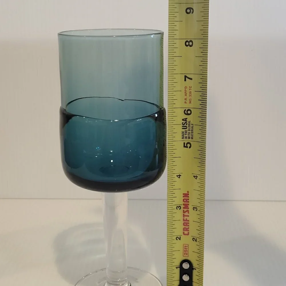 Pier 1 Goblet Blue Water 12 Oz Double Dip Mouth Blown MCM Style Wine Glass Pair